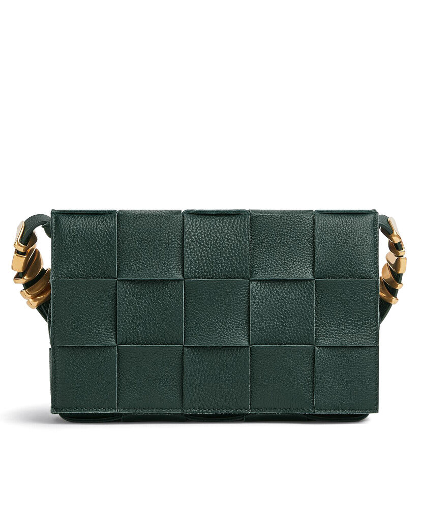 Bottega Veneta Cassette Intreccio Leather Cross Body Bag Dark Green